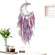 Crescent Moon Woven Net/Web with Feather Pendant Decoration, Hanging Decorations, Pink, 510mm(PW-WGB79EB-02)