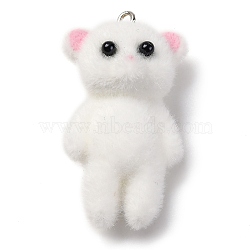 Bear Flocky Resin Pendants, with Platinum Plated Iron Loop, White, 40.5x22.5x16.5mm, Hole: 1.8mm(RESI-S010-06A)