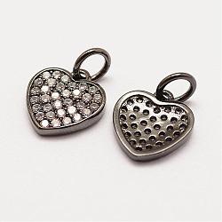 Brass Micro Pave Grade AAA Cubic Zirconia Charms, Long-Lasting Plated, Heart, Cadmium Free & Nickel Free & Lead Free, Gunmetal, 11x10x2mm, Hole: 3mm(ZIRC-G090-25B-NR)