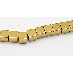 Non-Magnetic Synthetic Hematite Beads Strands, Cube, Golden Plated, Size: about 4mm long, 4mm wide, 4mm thick, hole: 1mm, 96pcs/strand, 16 inch(G-Q532-1)