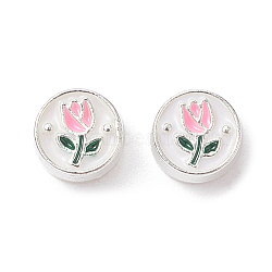 Alloy Enamel Beads, Silver, Flat Round with Tulip Pattern, Pink, 5.5x3mm, Hole: 1.2mm(FIND-C031-01)