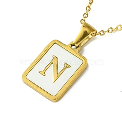 Ion Plating(IP) Rectangle with Initial Letter 304 Stainless Steel Pendant Necklace, white Shell, Real 18K Gold Plated, Letter N, 16.06 inch(40.8cm)(NJEW-R265-04G-N)