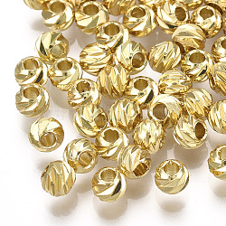 Brass Corrugated Beads, Round, Real 18K Gold Plated, 4x3.5mm, Hole: 1.4mm(KK-S348-250)