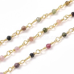 3.28 Feet Natural Tourmaline Handmade Beaded Chains, with Brass Findings, Golden, Unwelded, Round, Faceted, 12x1~1.25mm, Bead: 2.5mm(X-CHC-K008-A03)