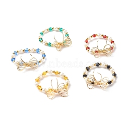 Imitate Austrian Crystal Bicone Glass Beaded Finger Rings, with Round Shell Pearl Beads and 304 Stainless Steel Round Beads, Eco-Friendly Copper Wire, Bowknot, Real 18K Gold Plated, Mixed Color, US Size 9(18.9mm), 5pcs/set(RJEW-TA00003)