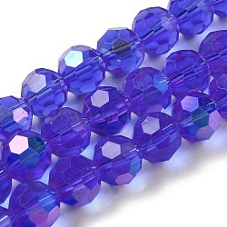 Electroplate Transparent Glass Beads Strands, Faceted, Round, Rainbow Plated, Medium Blue, 10mm, Hole: 1.2mm, about 65~69pcs/strand, 23.03~24.49 inch(58.5~62.2cm)(EGLA-A035-T10mm-L21)