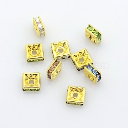 Brass Rhinestone Spacer Beads, Grade A, Golden Metal Color, Square, Mixed Color, 6x6x3mm, Hole: 1mm(X-RB-A013-6x6-G)