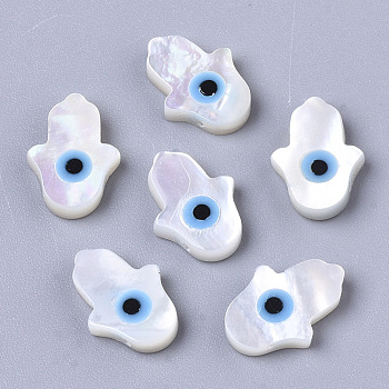 Natural White Shell Mother of Pearl Shell Beads, Top Drilled Beads, with Synthetic Turquoise, Hamsa Hand/Hand of Fatima/Hand of Miriam with Evil Eye, Deep Sky Blue, 10x8x2mm, Hole: 0.6mm