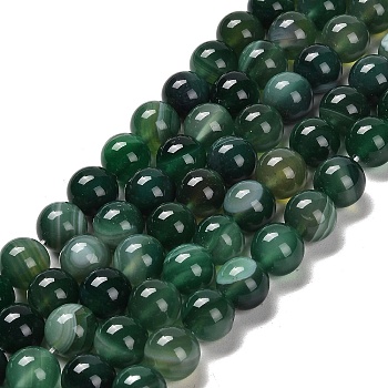 Natural Striped Agate/Banded Agate Beads Strands, Round, Dyed & Heated, Sea Green, 10~10.5mm, Hole: 1.2mm, about 38pcs/strand, 15.28''(38.8cm)