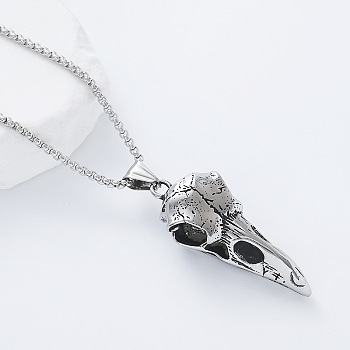 Vintage Gothic Raven Skull 304 Stainless Steel Pendant Necklaces for Men Women, Stainless Steel Color, 23.62 inch(60cm)