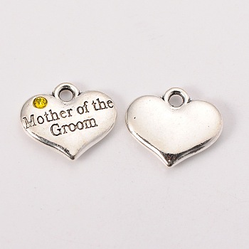 Wedding Theme Antique Silver Tone Tibetan Style Alloy Heart with Mother of the Groom Rhinestone Charms, Cadmium Free & Lead Free, Citrine, 14x16x3mm, Hole: 2mm