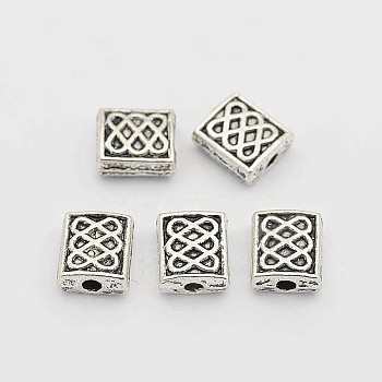 Tibetan Style Alloy Beads, Rectangle Carved Endless Knot, Antique Silver, 6x7x3mm, Hole: 1mm