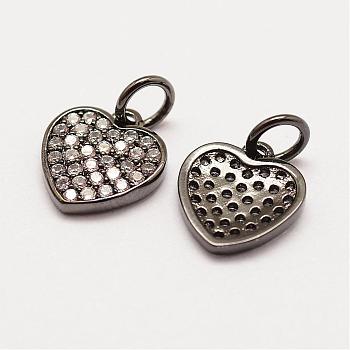 Brass Micro Pave Grade AAA Cubic Zirconia Charms, Long-Lasting Plated, Heart, Cadmium Free & Nickel Free & Lead Free, Gunmetal, 11x10x2mm, Hole: 3mm