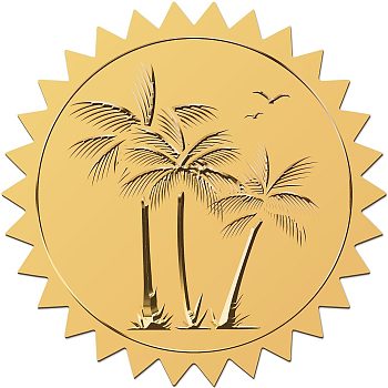 34 Sheets Self Adhesive Gold Foil Embossed Stickers, Round Dot Medal Decorative Decals for Envelope Card Seal, Coconut Tree, 165x211mm, Sticker: 50mm, 12pcs/sheet