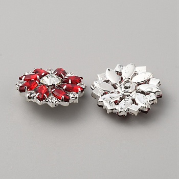 1-Hole Brass Shank Buttons, with Rhinestone and Glass, Garment Decoration, Flower, Red, 26x26x10mm, Hole: 2mm