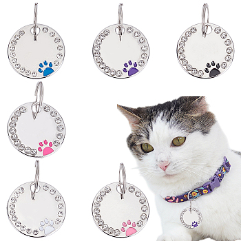 6Pcs 6 Colors Zine Alloy Rhinestone Pet Pendant Tag, with Jump Ring, Flat Round with Paw Print Charm, Mixed Color, 25x2.5mm, 1pc/color
