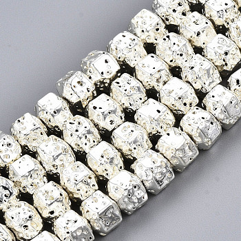 Electroplated Natural Lava Rock Beads Strands, Hexagon, Bumpy, Silver Plated, 6.5x7x5.5mm, Hole: 1.2mm, about 73pcs/strand, 15.55 inch~15.94 inch(39.5cm~40.5cm)