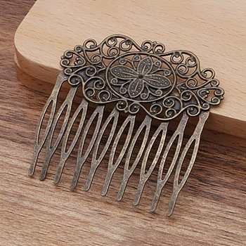 Iron Hair Comb Findings, with Filigree Brass Flower, Antique Bronze, 56x56.5mm
