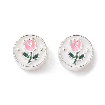 Alloy Enamel Beads, Silver, Flat Round with Tulip Pattern, Pink, 5.5x3mm, Hole: 1.2mm