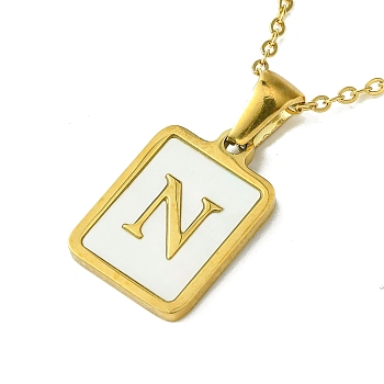 Ion Plating(IP) Rectangle with Initial Letter 304 Stainless Steel Pendant Necklace, white Shell, Real 18K Gold Plated, Letter N, 16.06 inch(40.8cm)