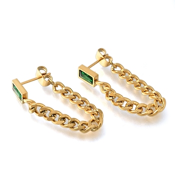 Ion Plating(IP) 304 Stainless Stell Studs Earring, with Glass, Curb Chain Charm, Green, Real 18K Gold Plated, 65x4.5mm