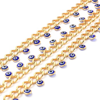 Handmade Brass Faceted Curb Chains, With Enamel Charm, Real 18K Gold Plated, Unwelded, Flat Round with Evil Eye, with Spool, Dark Blue, Link: 10x14x2.5mm, 10x7.5x2mm
