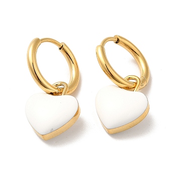 Enamel Heart Dangle Hoop Earrings, Golden 304 Stainless Steel Jewelry for Women, White, 24.5mm, Pin: 1mm