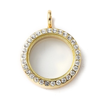 Alloy Crystal Rhinestone Locket Pendants, Double sides with Glass, DIY Accessories for Jewelry Pendant Making, Flat Round, Golden, 33x25x7mm, Hole: 4.8mm