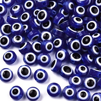 Resin Beads, Flat Round, Evil Eye, Dark Blue, 6x4mm, Hole: 1.5mm