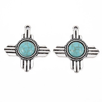 Tibetan Style Alloy Pendants, with Synthetic Turquoise, Cadmium Free & Lead Free, Cross, Antique Silver, 36.8x34x7mm, Hole: 2.3mm