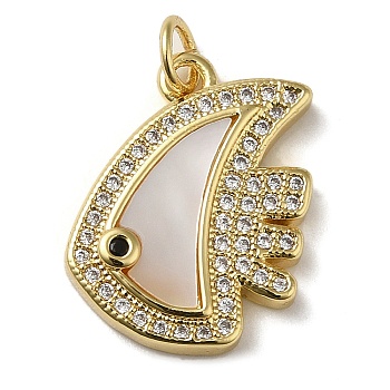 Brass Micro Pave Cubic Zirconia Pendants, with Shell, Fish, Real 18K Gold Plated, 19x15x3mm, Hole: 3.4mm