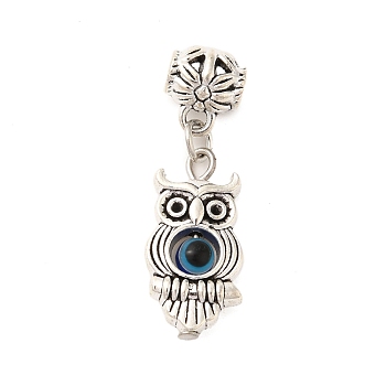 Tibetan Style Alloy Resin Pendants, Owl with Eye, Antique Silver, 35.5mm, Hole: 3.5mm