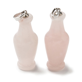 Natural Rose Quartz 3D Pendants, Vase Shape Charms with Platinum Tone Brass Snap on Bails, 43x16mm, Hole: 6x4mm