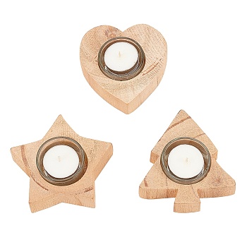 Natural Wood Candle Holder, with Glass Bottle, Candles, for Christmas, Perfect Home Party Decoration, Christmas Tree & Heart & Star, BurlyWood, 3sets/bag