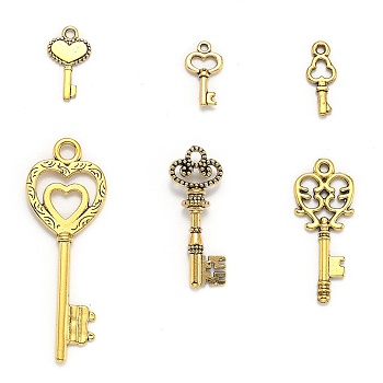 Tibetan Style Alloy Pendants, Assorted Key, Antique Golden, 16~75.5x6.5~25.5x1~5mm, Hole: 1~4mm