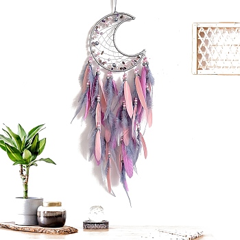 Crescent Moon Woven Net/Web with Feather Pendant Decoration, Hanging Decorations, Pink, 510mm