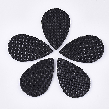 PU Leather Pendants, Imitation Woven Rattan Pattern, Teardrop, Black, 57x37x2mm, Hole: 1.4mm