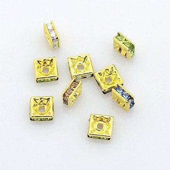 Brass Rhinestone Spacer Beads, Grade A, Golden Metal Color, Square, Mixed Color, 6x6x3mm, Hole: 1mm