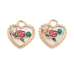 Brass Enamel & Natural Pearl Heart with Rose Flower Pendants, Real 18K Gold Plated, White, 20.5x18.5x6.5mm, Hole: 3x3.5mm(KK-K351-49G-01)