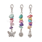 Tibetan Style Alloy Pendant Decorations, with 7 Chakra Synthetic Turquoise Beads and Alloy Lobster Claw Clasps, Sunflower & Mushroom & Butterfly, Antique Silver & Platinum, 61mm, 3pcs/set(HJEW-JM00930-01)