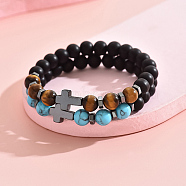 2Pcs 2 Styles Natural & Synthetic Mixed Gemstone Beaded Stretch Bracelets Set, 304 Stainless Steel Cross Stackable Bracelets, Stainless Steel Color, Inner Diameter: 2-3/8~3-1/8 inch(6~8cm), 1pc/style(DH0675)