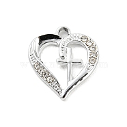 UV Plating Alloy Rhinestone Pendants, Heart with Cross Charms, Platinum, 19.5x17.5x2.5mm, Hole: 2mm(PALLOY-D026-05P)
