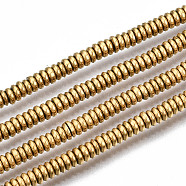 Electroplate Non-magnetic Synthetic Hematite Beads Strands, Flat Round/Disc, Heishi Beads, Real 18K Gold Plated, 3x1mm, Hole: 1mm, about 328~341pcs/strand, 15.94 inch~16.54 inch(40.5cm~42cm)(G-T114-88A-G)