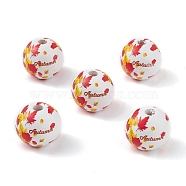Autumn Printed Natural Wood European Beads, Large Hole Bead, Round with Maple Leaf Pattern, Red, 19.5mm, Hole: 4.5mm(WOOD-C015-04)