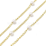 Ion Plating(IP) 316 Surgical Stainless Steel Curb Chains, Glass Pearl Round Charm Chain, Soldered, with Spool, Real 18K Gold Plated, Link: 2x1.5x0.5mm, Round: 3mm(CHS-I019-01B)