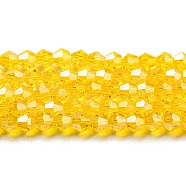 Transparent Electroplate Glass Beads Strands, Pearl Luster Plated, Faceted, Bicone, Gold, 4x4mm, Hole: 0.8mm, about 82~85pcs/strand, 12.01~12.2 inch(30.5~31cm)(EGLA-A039-T4mm-A22)