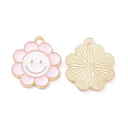 Alloy Enamel Pendants, Flower with Smiling Face Charm, Light Gold, Pink, 18.5x16x1.5mm, Hole: 1.8mm(PALLOY-D015-07A)