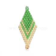 MIYUKI & TOHO Handmade Japanese Seed Beads Links, Loom Pattern, Rhombus, Lime Green, 44.6~45.2x17.8~18.6x1.6~1.7mm, Hole: 1.4~1.6mm(SEED-E004-O05)