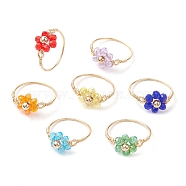 7Pcs 7 Styles Flower Glass Beads Finger Rings, Copper Wire Wrapped Ring for Women, Golden, Inner Diameter: 19~19.5mm, 1pc/style(RJEW-JR00710-02)