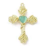 Alloy with Glass Pendants, Cross with Rose Charms, Golden, Pale Turquoise, 35x25x5mm, Hole: 1.4mm(PALLOY-P294-03G-01)
